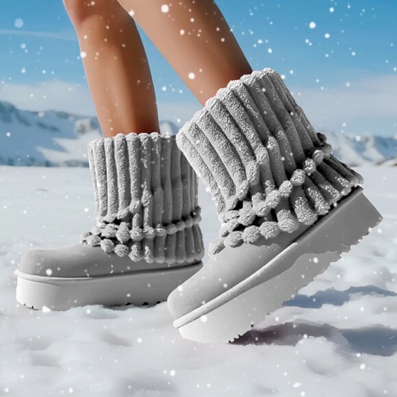 Women Winter GREY Fuzzy Faux Fur Lined Calf High Boots 2 inch Sole - Picture 3 of 4